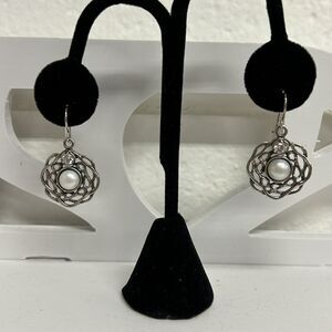 Didae Shablool Pearl CZ Modernist Dangle Earrings 925 Sterling Silver Signed